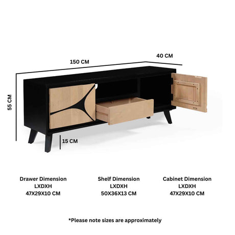 Solid Wood TV Stand 150cm Wide With 2 Doors And 1 Drawer - Boho