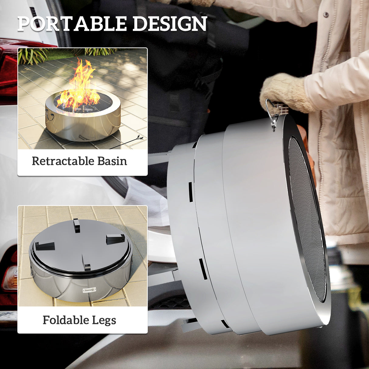 Stainless Steel Round Wood Burning Fire Pit With Fire Poker - Velmora