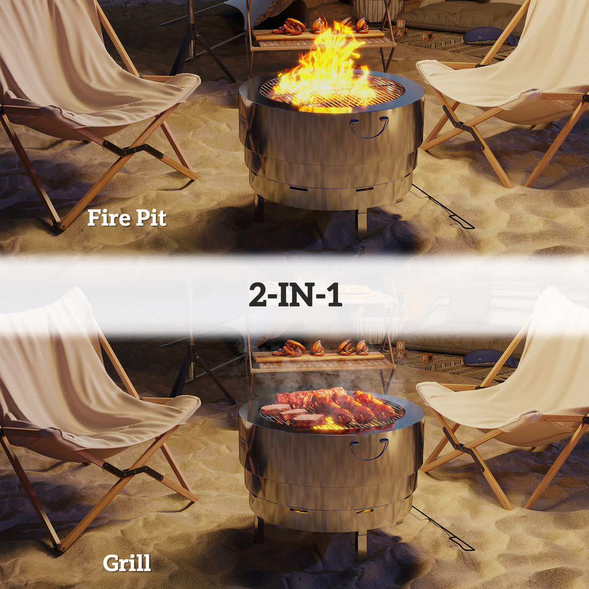 Stainless Steel Round Wood Burning Fire Pit With Fire Poker - Velmora