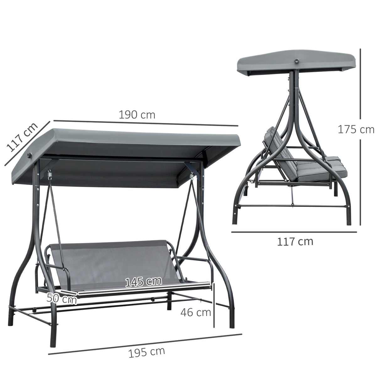 Steel 2 in 1 Convertible 3 Seater Garden Lounger Swing Chair Bed With Canopy - Velmora