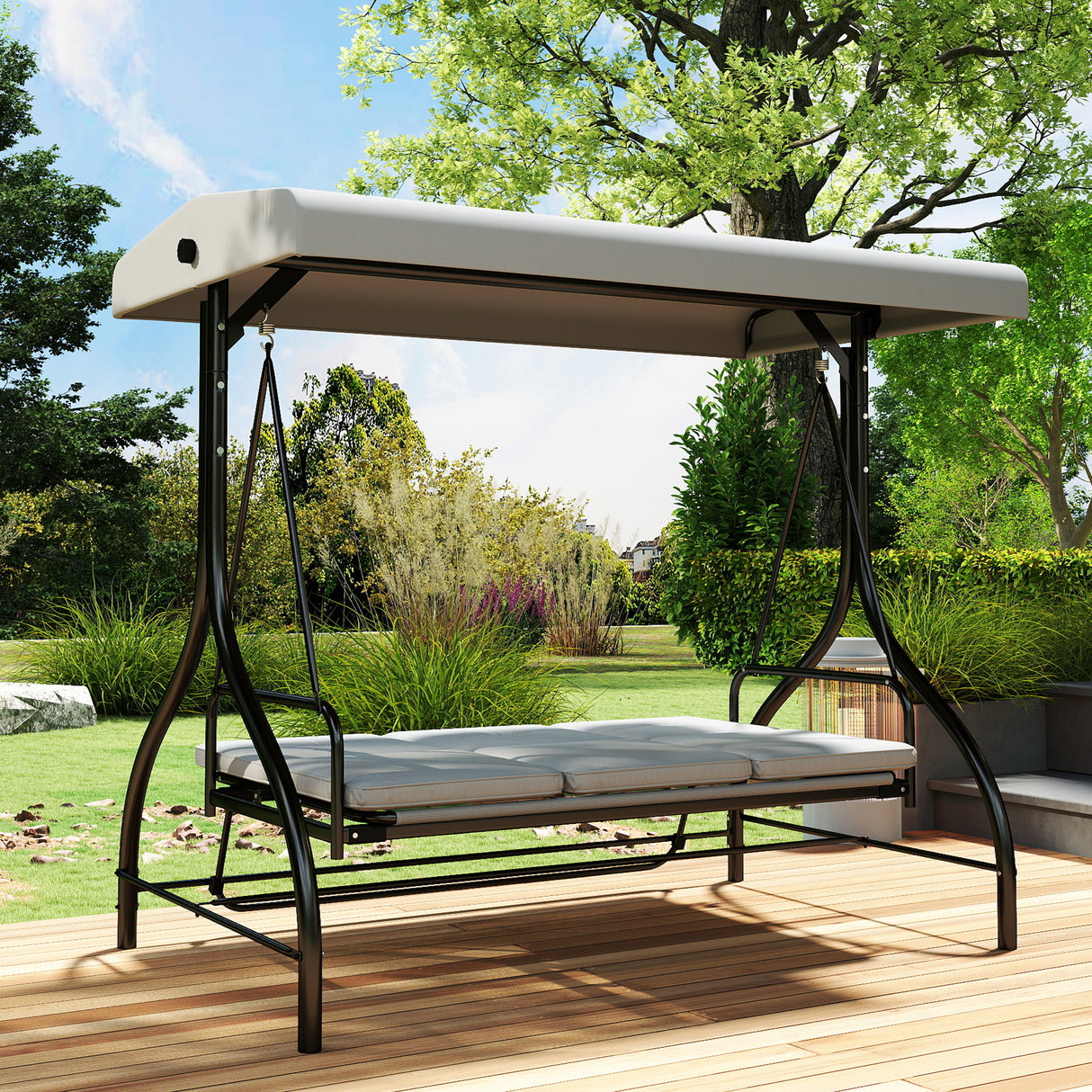 Steel 2 in 1 Convertible 3 Seater Garden Lounger Swing Chair Bed With Canopy - Velmora