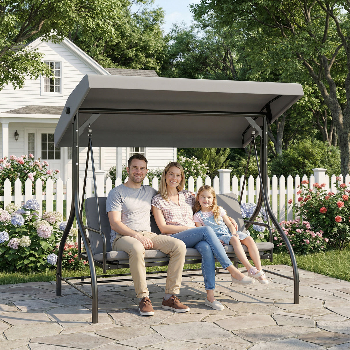 Steel 2 in 1 Convertible 3 Seater Garden Lounger Swing Chair Bed With Canopy - Velmora
