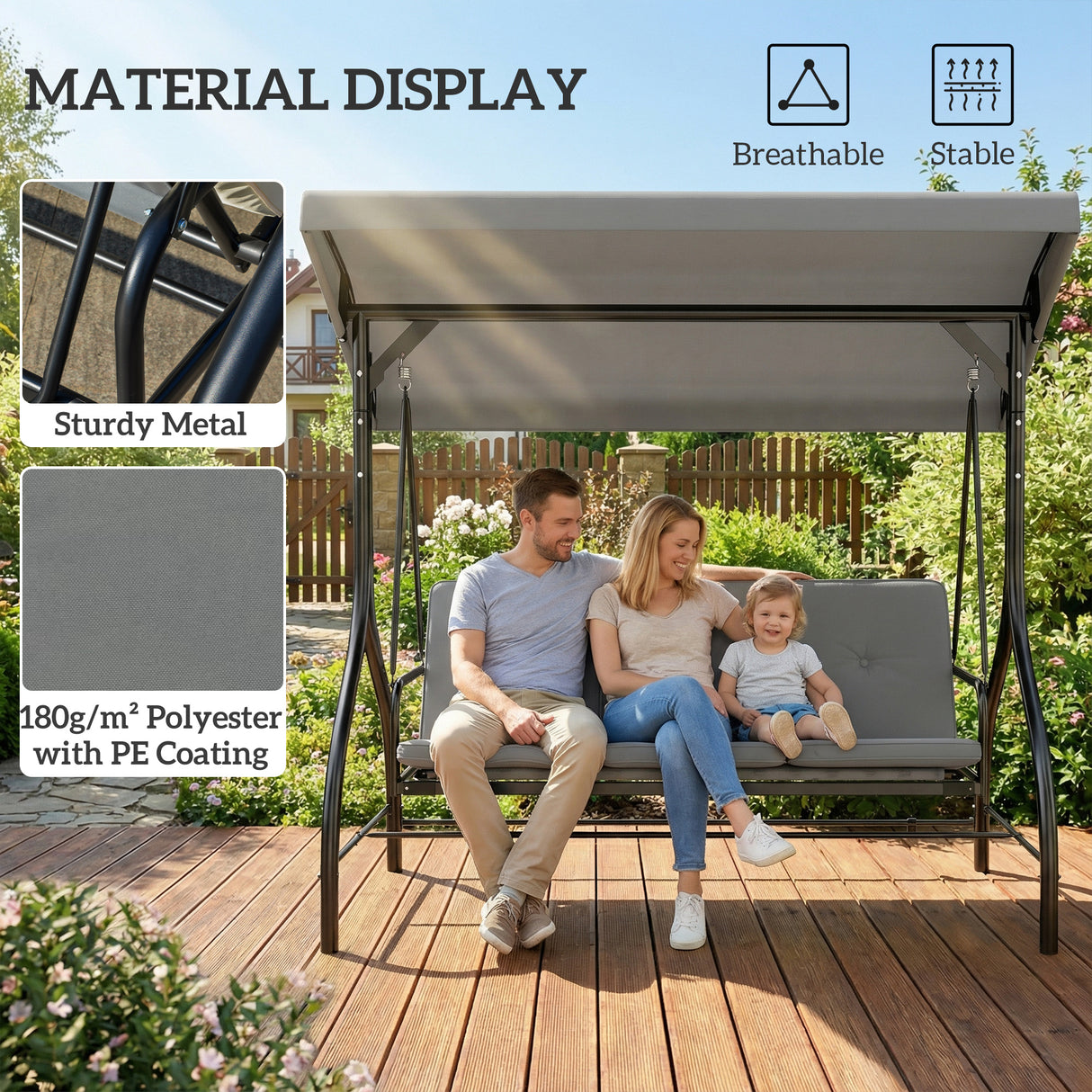 Steel 2 in 1 Convertible 3 Seater Garden Lounger Swing Chair Bed With Canopy - Velmora