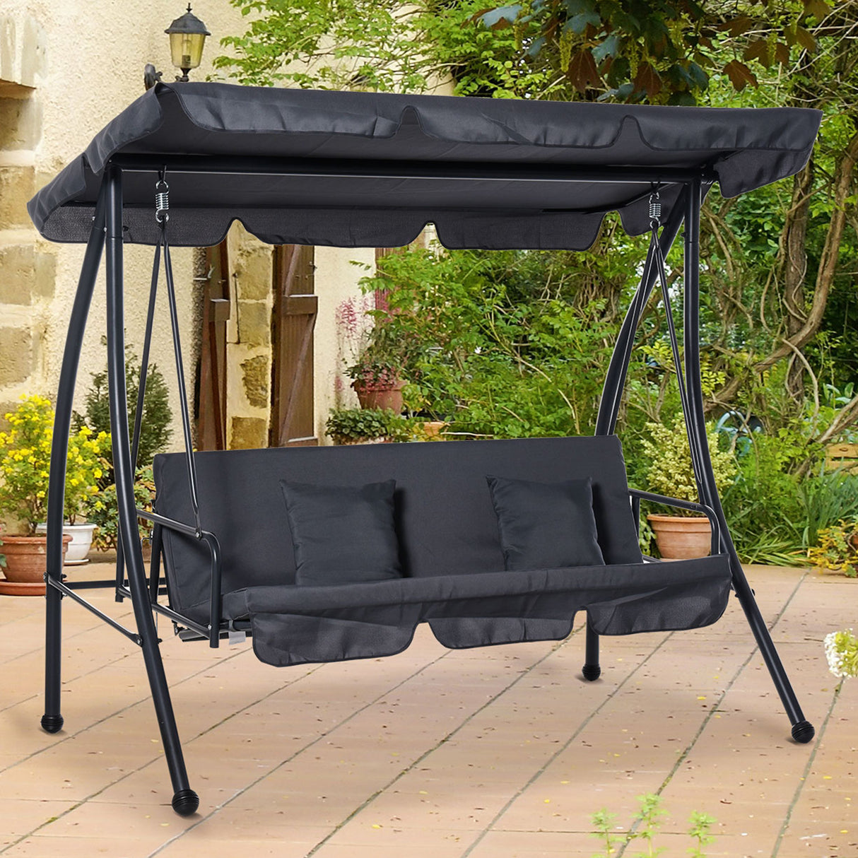 Steel 2 in 1 Convertible 3 Seater Garden Lounger Swing Chair Bed - Velmora