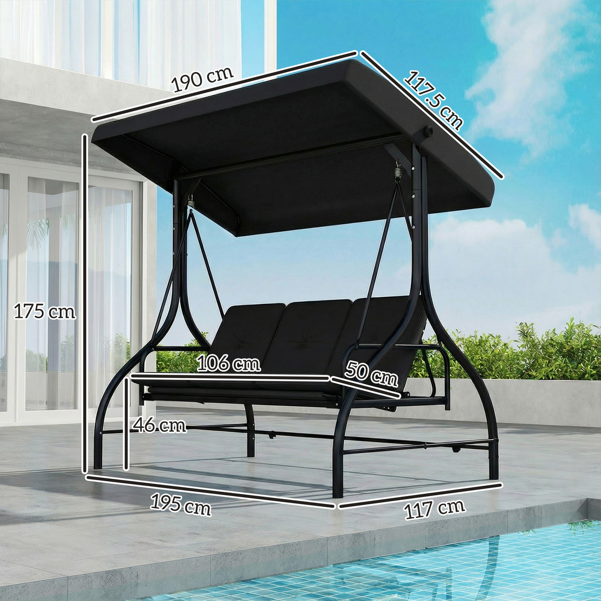 Steel 2 in 1 Garden 3 Seater Swing Seat Chair With Adjustable Canopy - Velmora