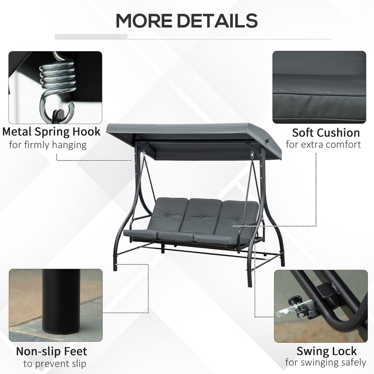 Steel 2 in 1 Garden 3 Seater Swing Seat Chair With Adjustable Canopy - Velmora