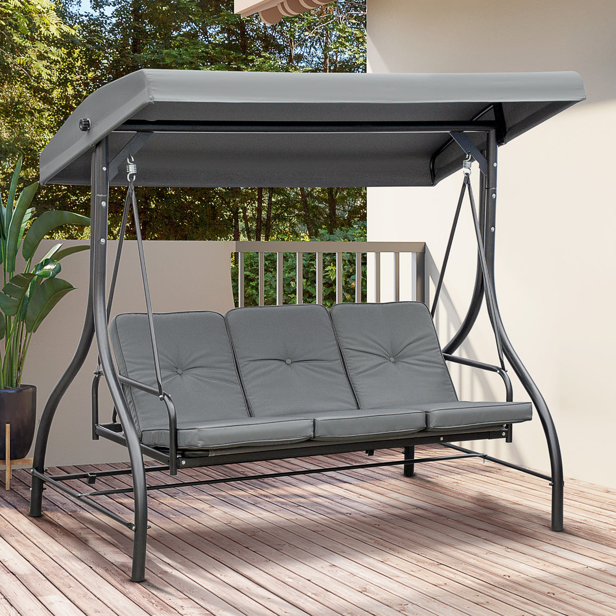 Steel 2 in 1 Garden 3 Seater Swing Seat Chair With Adjustable Canopy - Velmora
