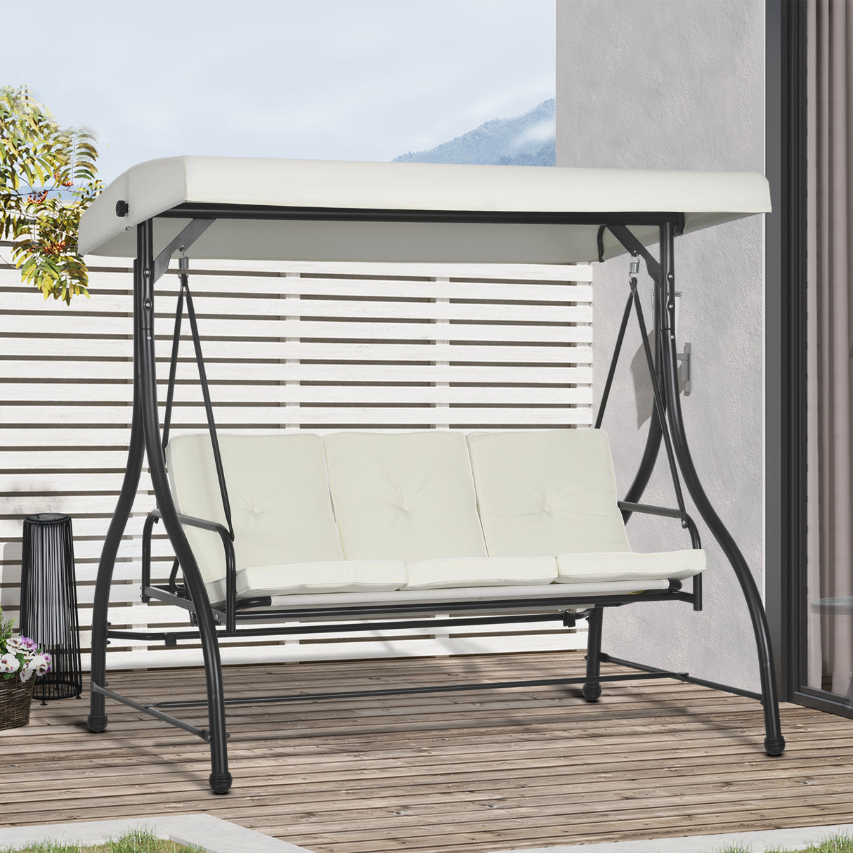 Steel 2 in 1 Garden 3 Seater Swing Seat Chair With Adjustable Canopy - Velmora