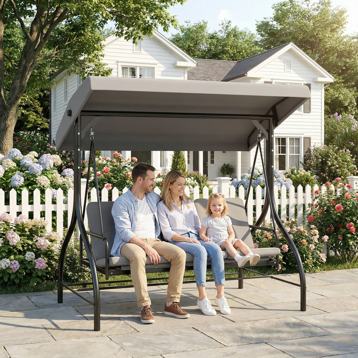 Steel 2 in 1 Garden 3 Seater Swing Seat Chair With Adjustable Canopy - Velmora