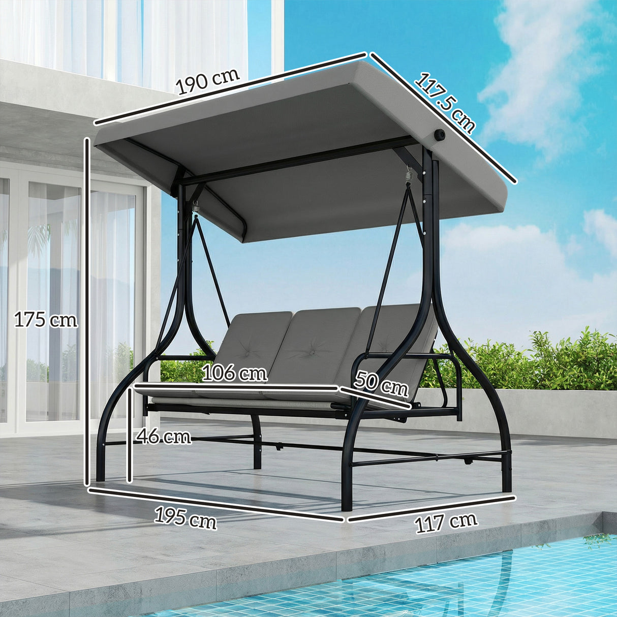 Steel 2 in 1 Garden 3 Seater Swing Seat Chair With Adjustable Canopy - Velmora