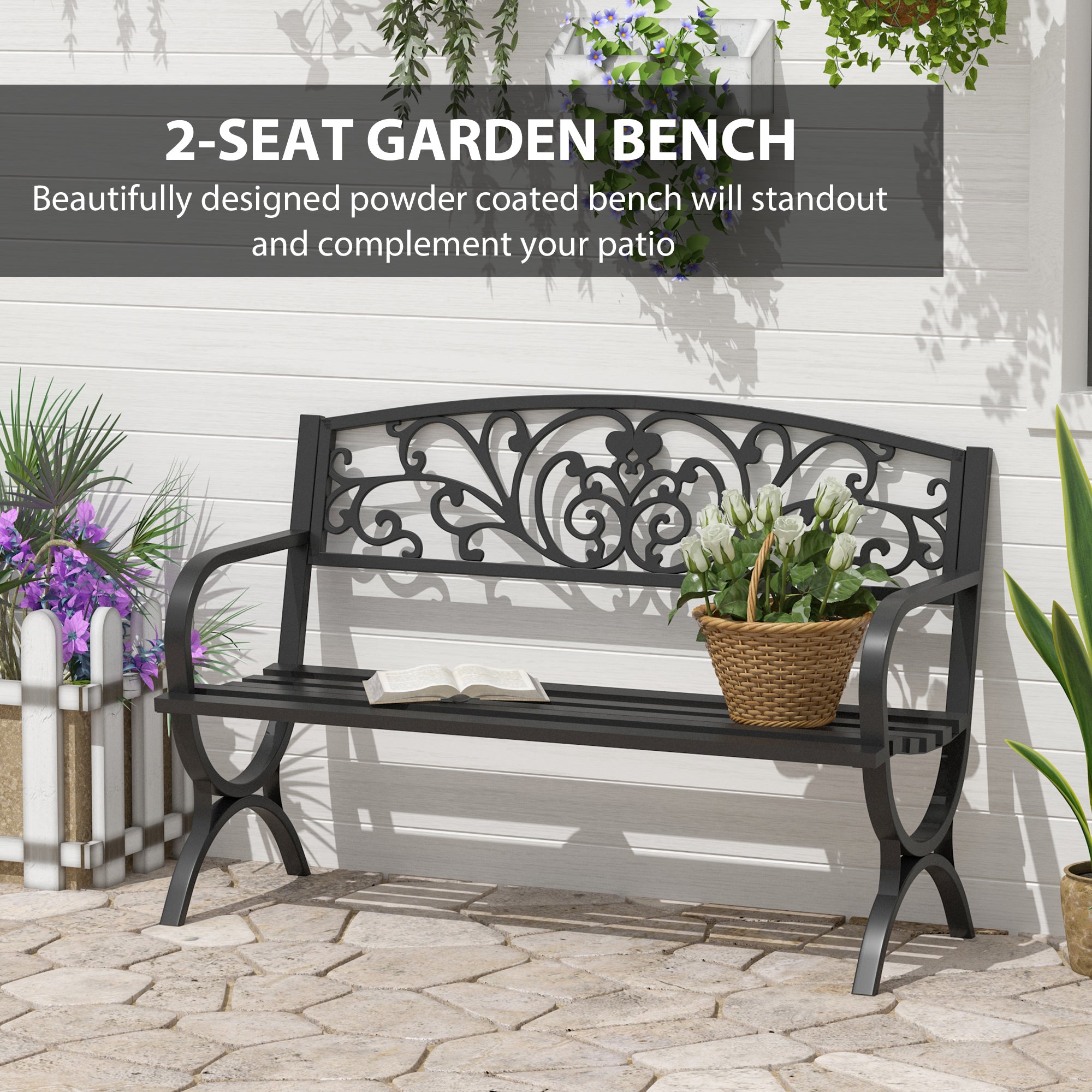 Steel 2 Seater Garden Bench for Patio Backyard - Velmora