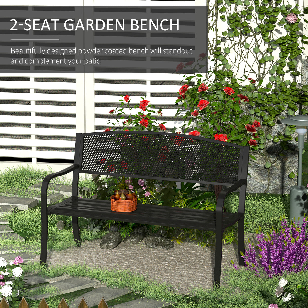 Steel 2 Seater Garden Bench Outdoor Patio - Velmora