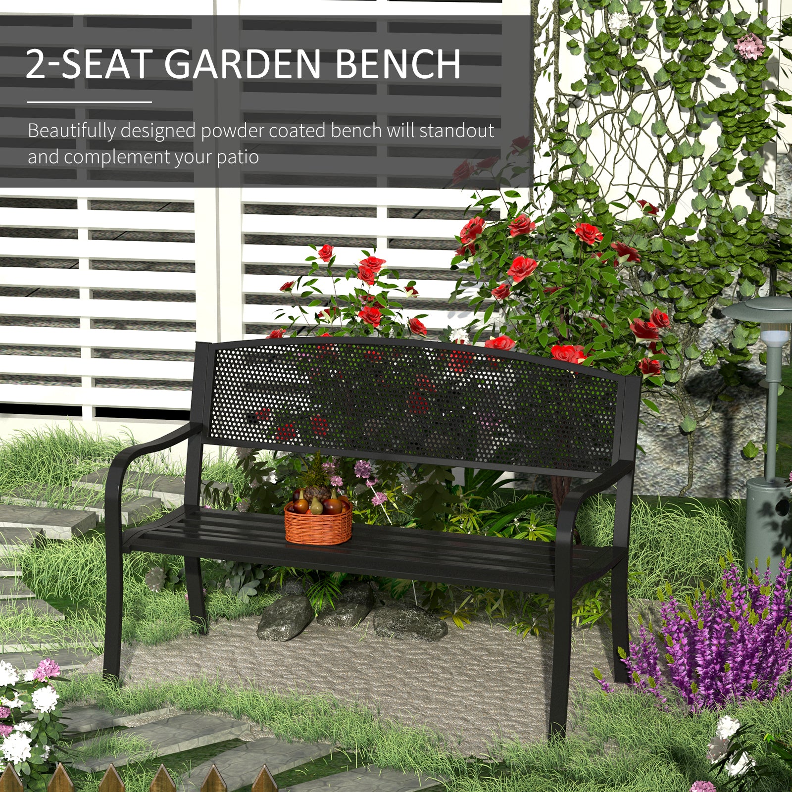 Steel 2 Seater Garden Bench Outdoor Patio - Velmora