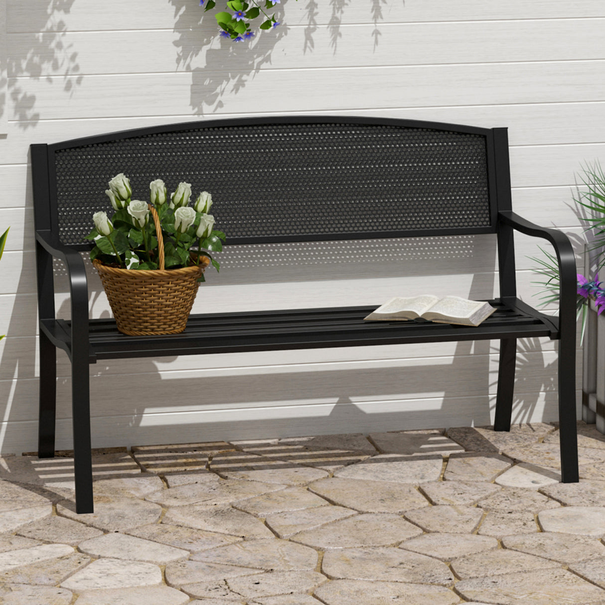 Steel 2 Seater Garden Bench Outdoor Patio - Velmora