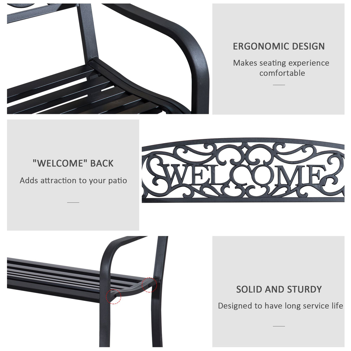 Steel 2 Seater Garden Bench with Welcome Sign - Velmora
