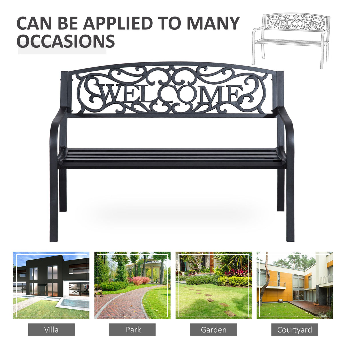 Steel 2 Seater Garden Bench with Welcome Sign - Velmora
