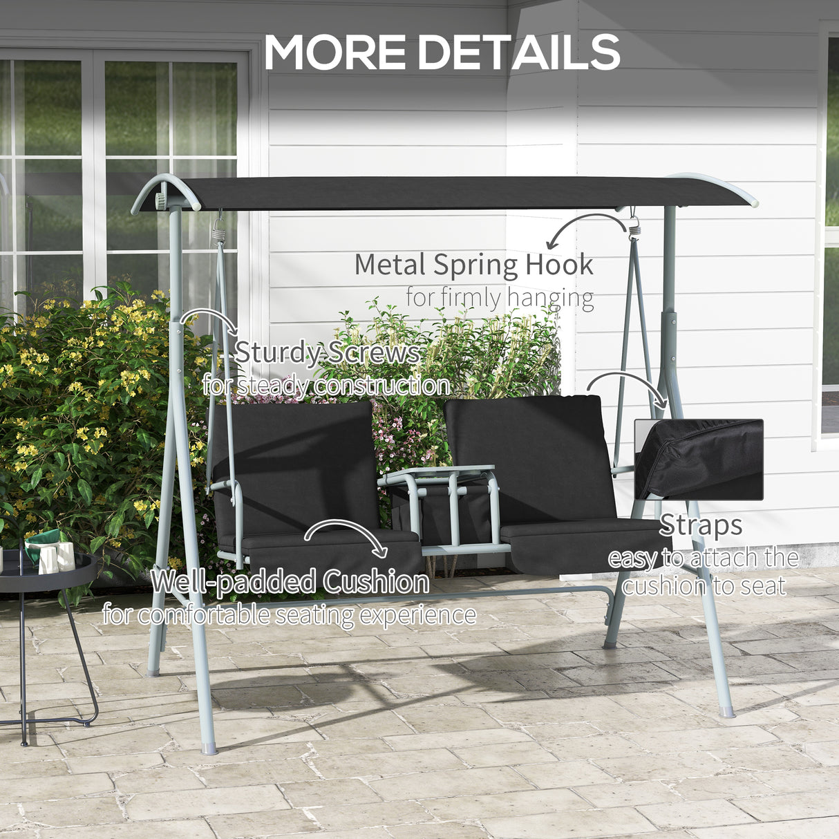 Steel 2 Seater Garden Swing Chair With Tilting Canopy And Double Padded Seats - Velmora