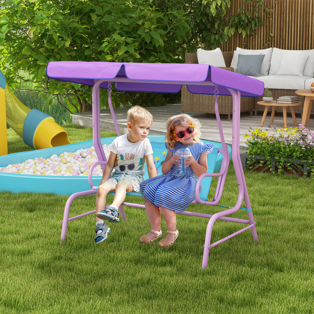 Steel 2 Seater Kids Garden Swing Bench With Adjustable Canopy - Velmora