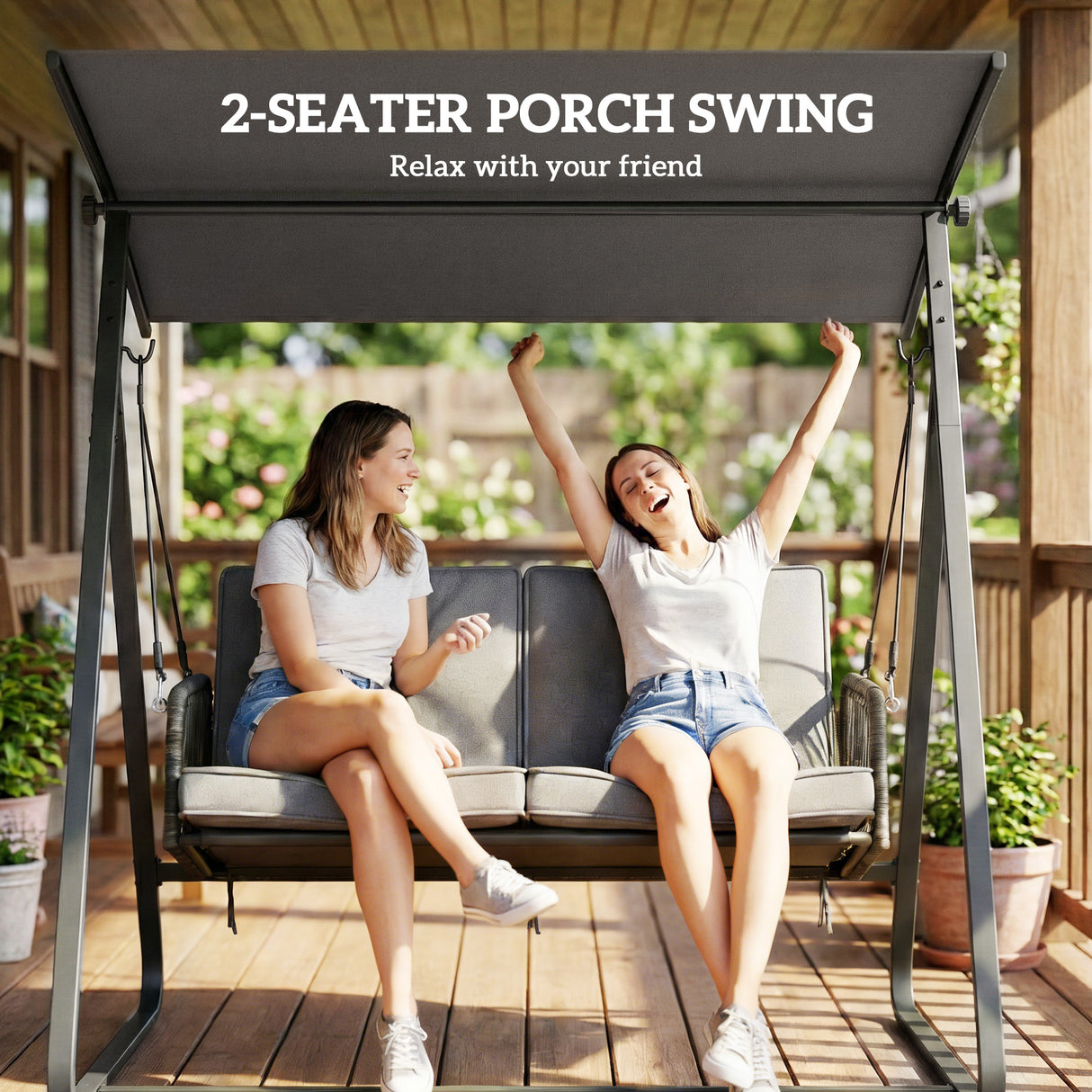 Steel 2 Seater Poly Rattan Garden Swing Chair With Stand - Velmora