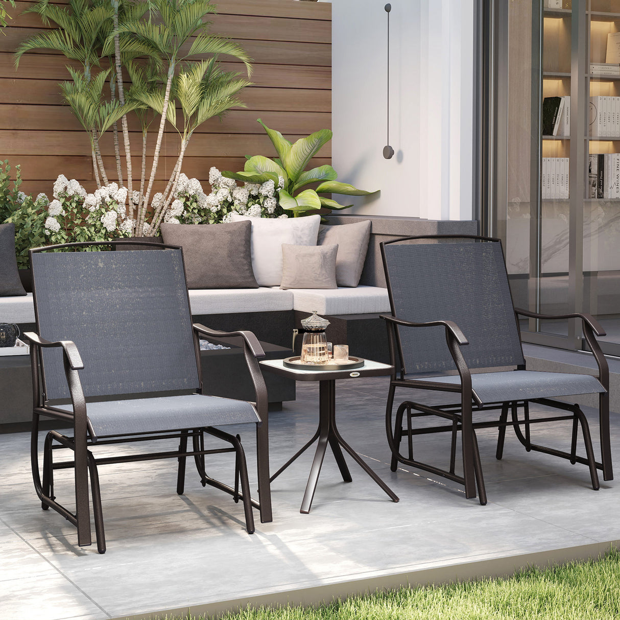 Steel 2 Single Seater Garden Glider Rocking Chairs And Table Set - Velmora