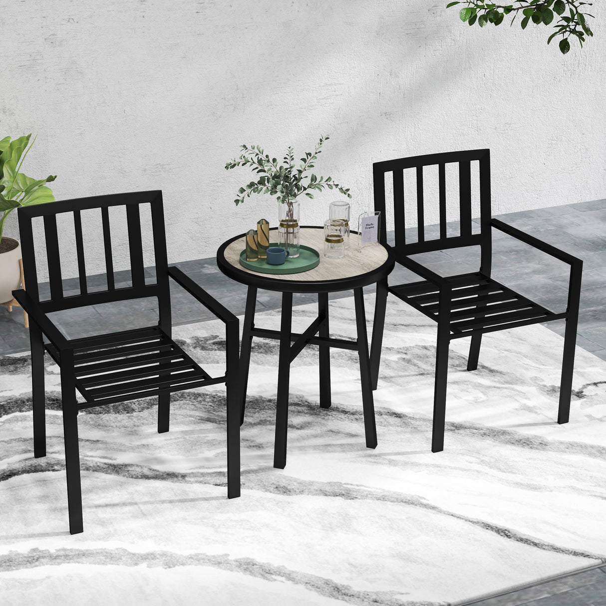 Steel 3 Piece Garden Bistro Set With Round Plastic Top Table and 2 Stackable Chairs - Velmora