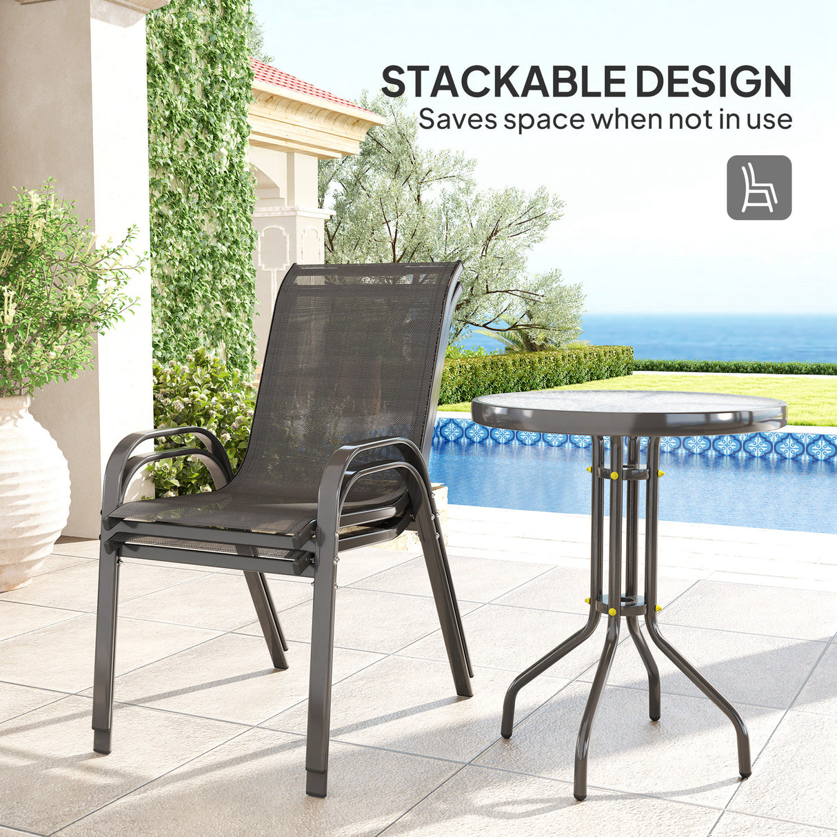 Steel 3 Pieces Garden Bistro Set With Round Glass Top Coffee Table - Velmora