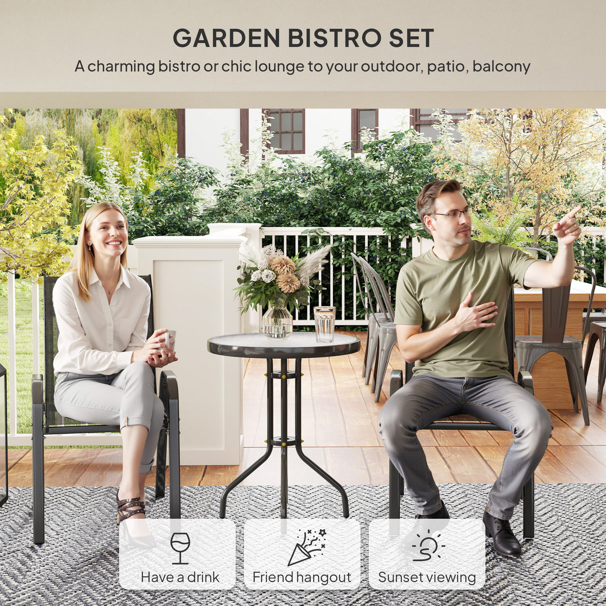 Steel 3 Pieces Garden Bistro Set With Round Glass Top Coffee Table - Velmora