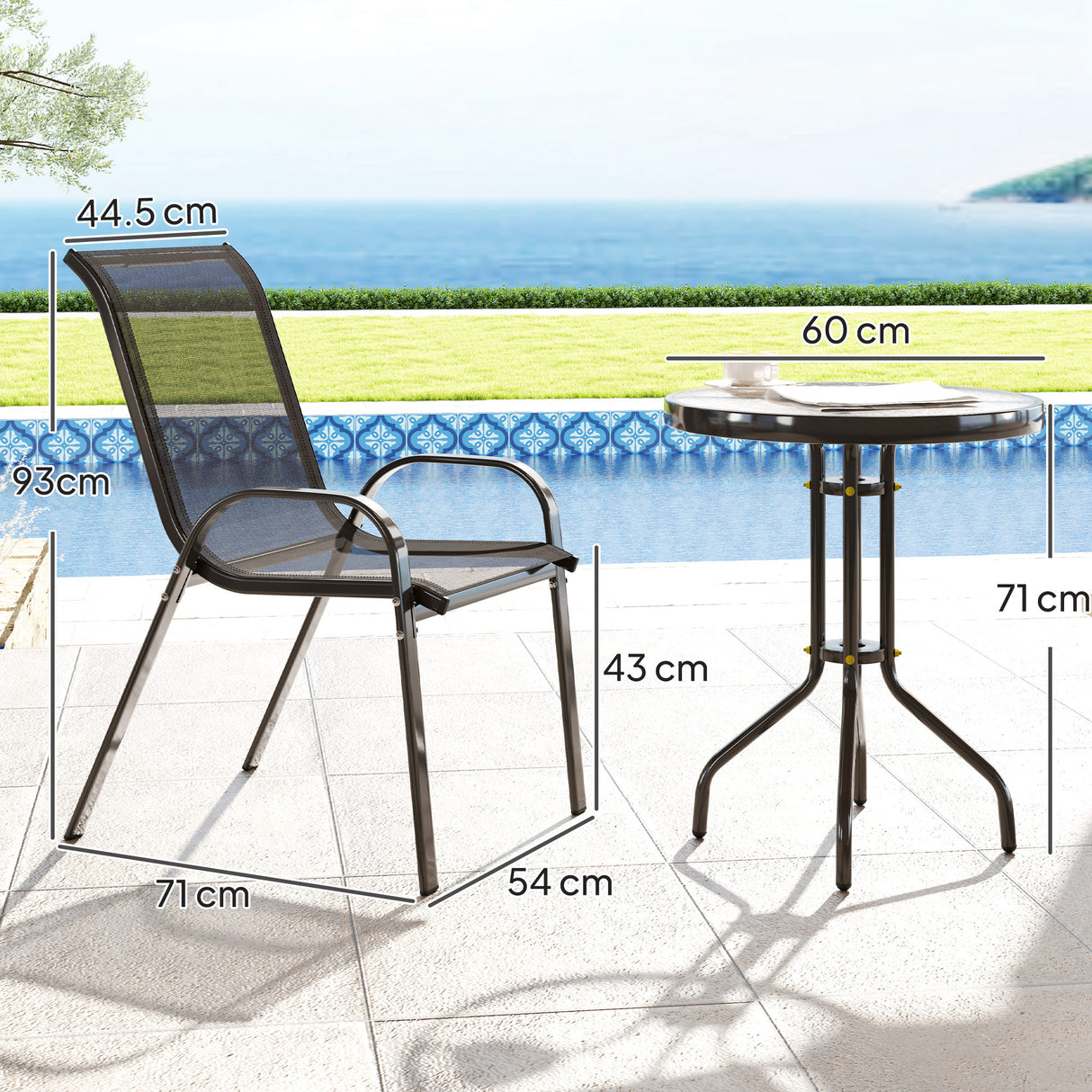 Steel 3 Pieces Garden Bistro Set With Round Glass Top Coffee Table - Velmora