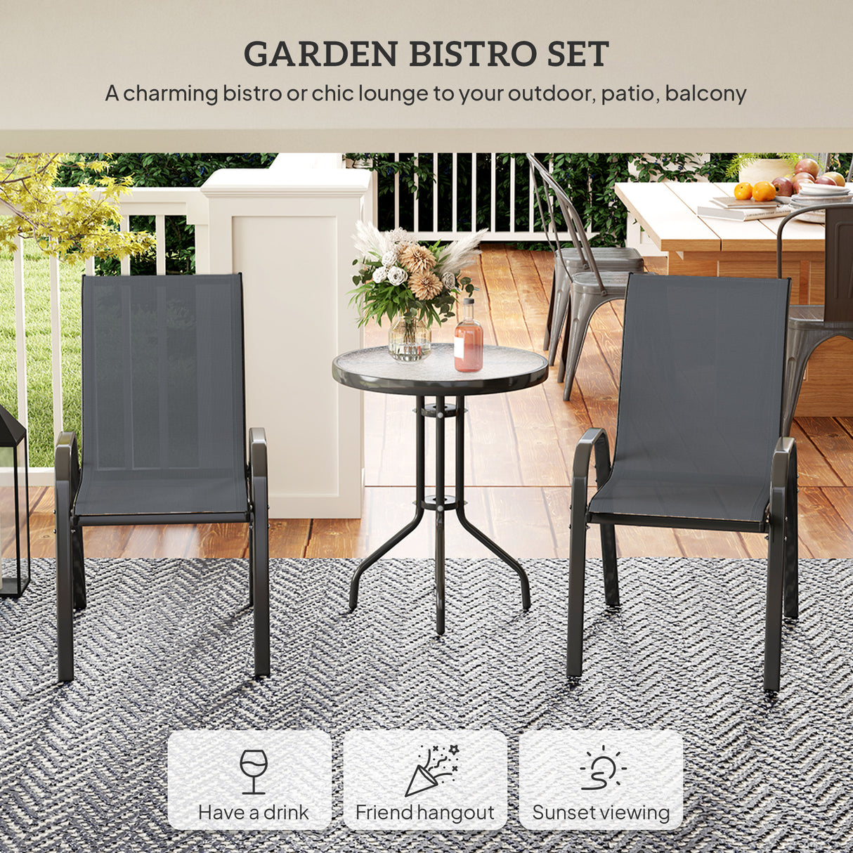 Steel 3 Pieces Garden Bistro Set With Round Glass Top Coffee Table - Velmora