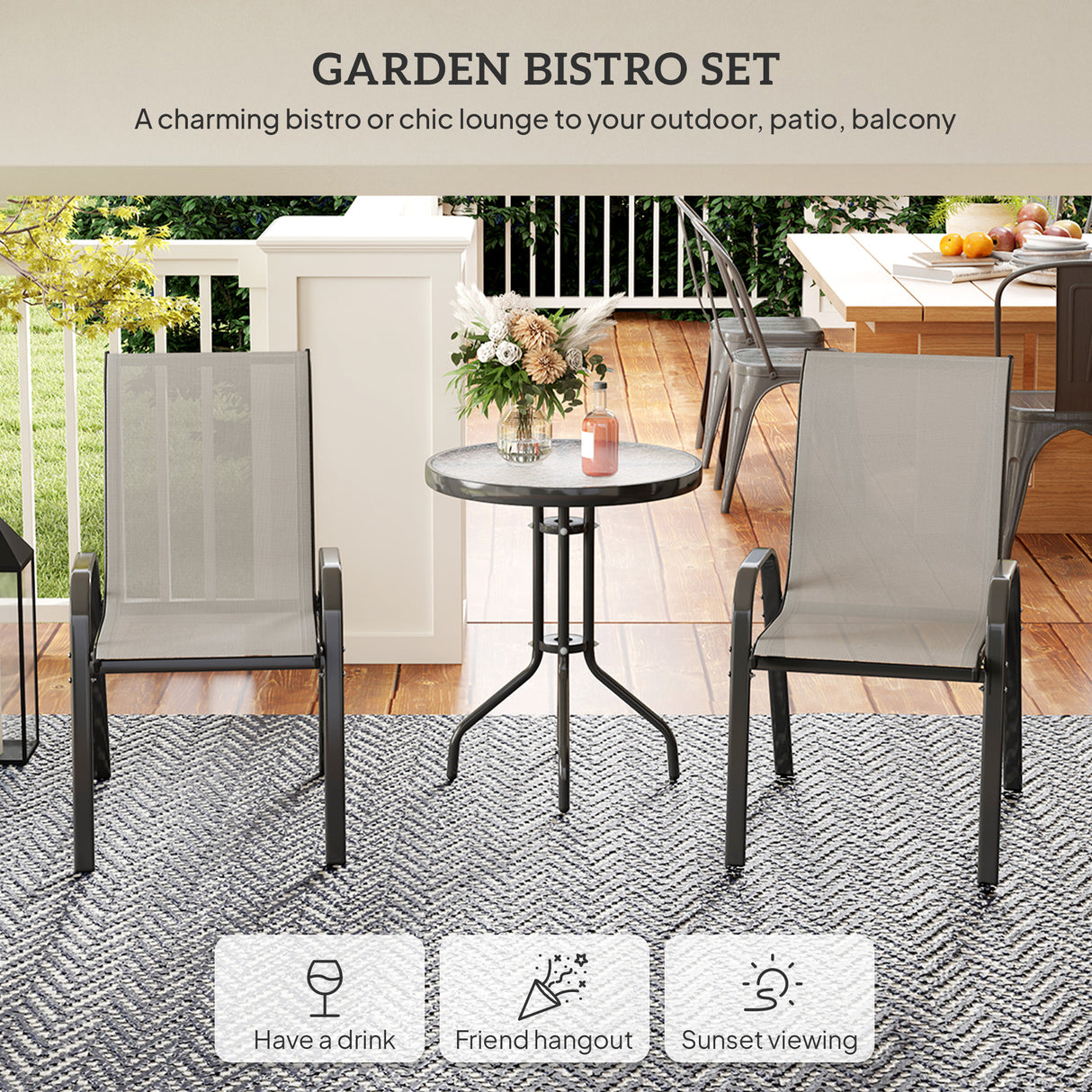 Steel 3 Pieces Garden Bistro Set With Round Glass Top Coffee Table - Velmora