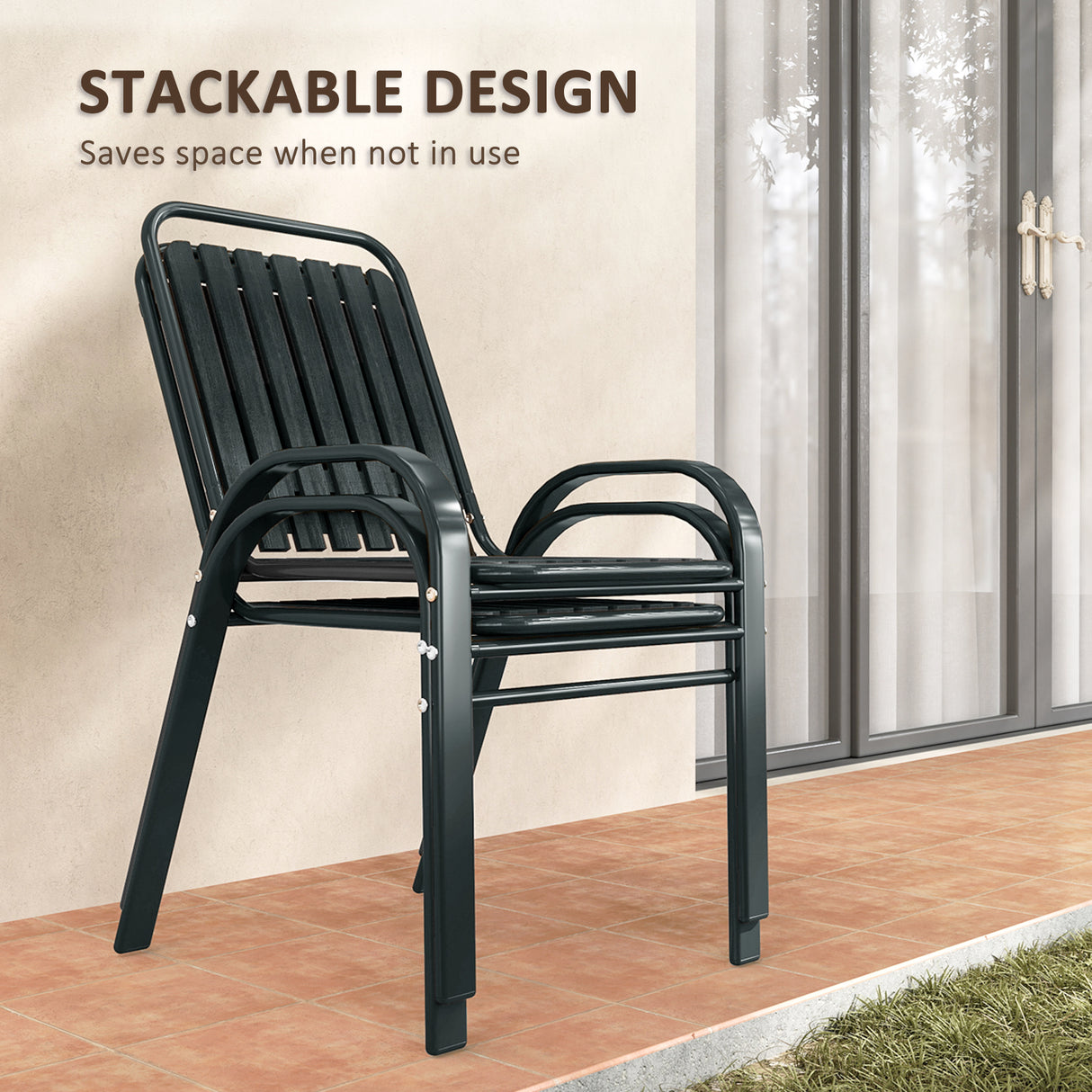 Steel 3 Pieces Garden Bistro Set With Stackable Chairs and Round Glass Table - Velmora