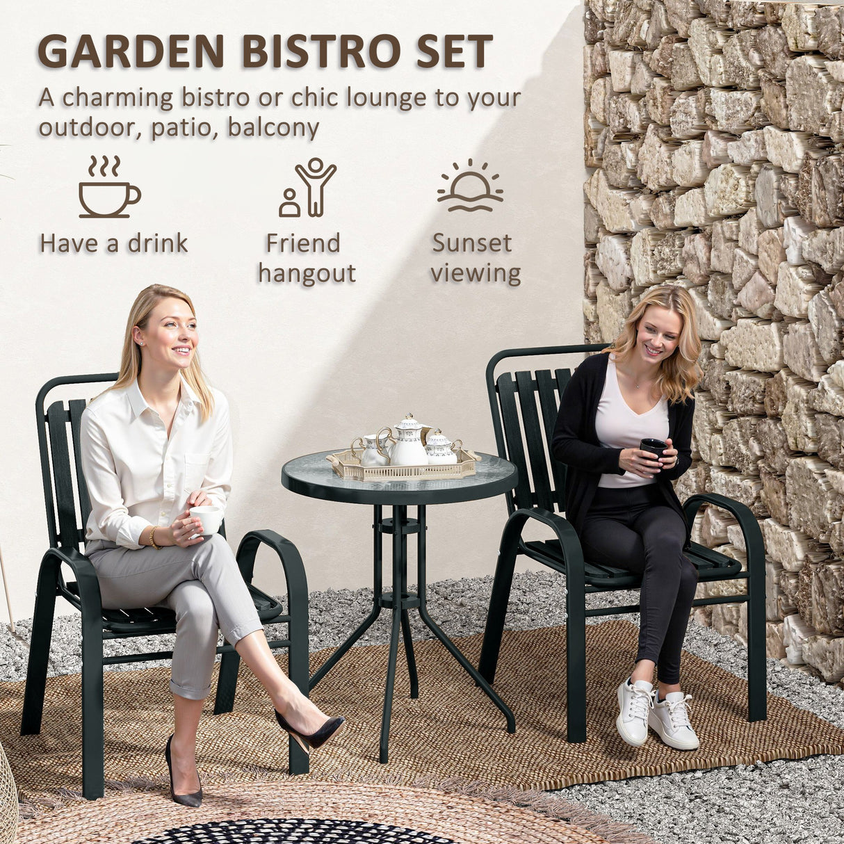 Steel 3 Pieces Garden Bistro Set With Stackable Chairs and Round Glass Table - Velmora