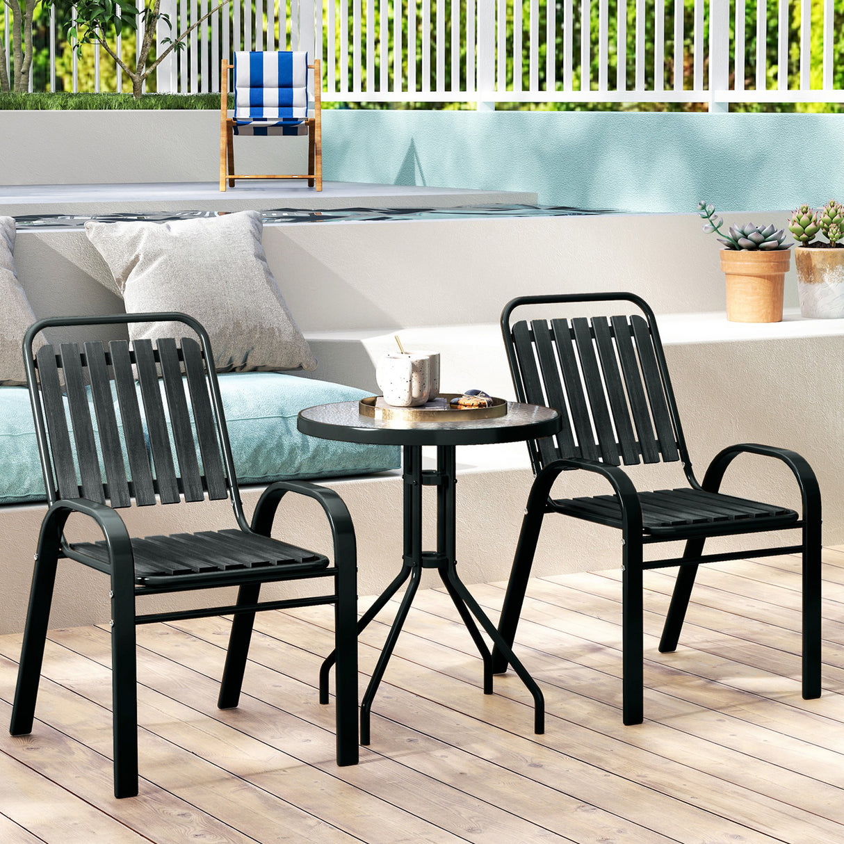 Steel 3 Pieces Garden Bistro Set With Stackable Chairs and Round Glass Table - Velmora