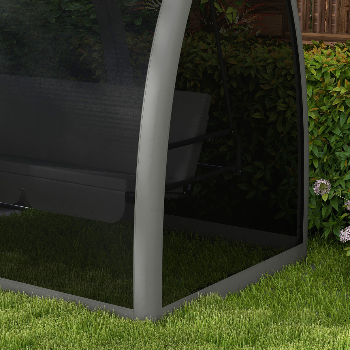 Steel 3 Seater Convertible Swing Chair Bed With Fabric Curtained Canopy - Velmora