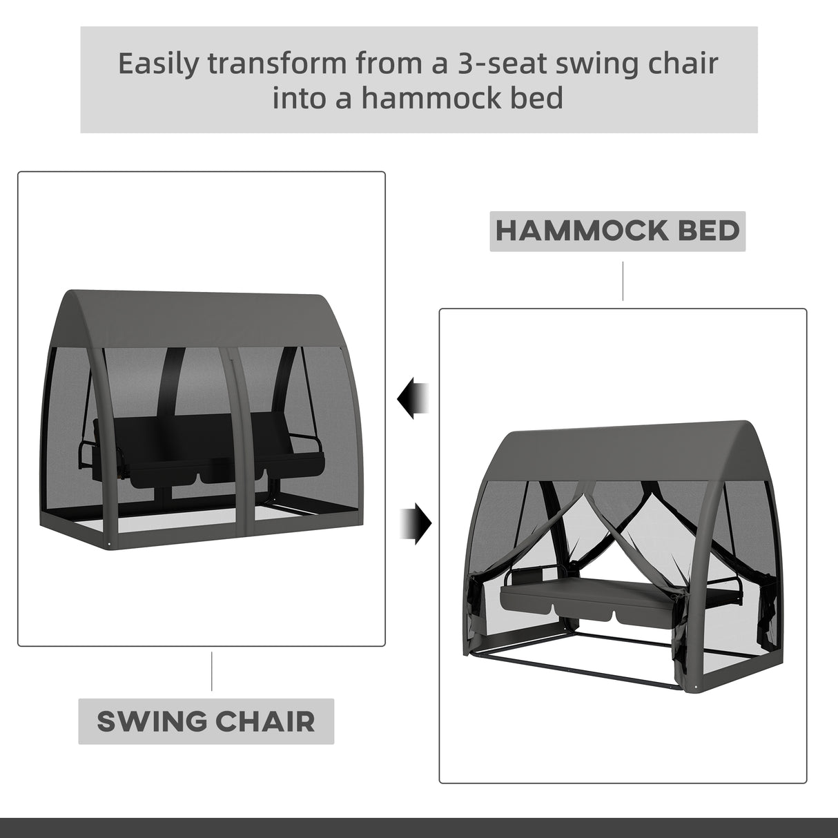 Steel 3 Seater Convertible Swing Chair Bed With Fabric Curtained Canopy - Velmora