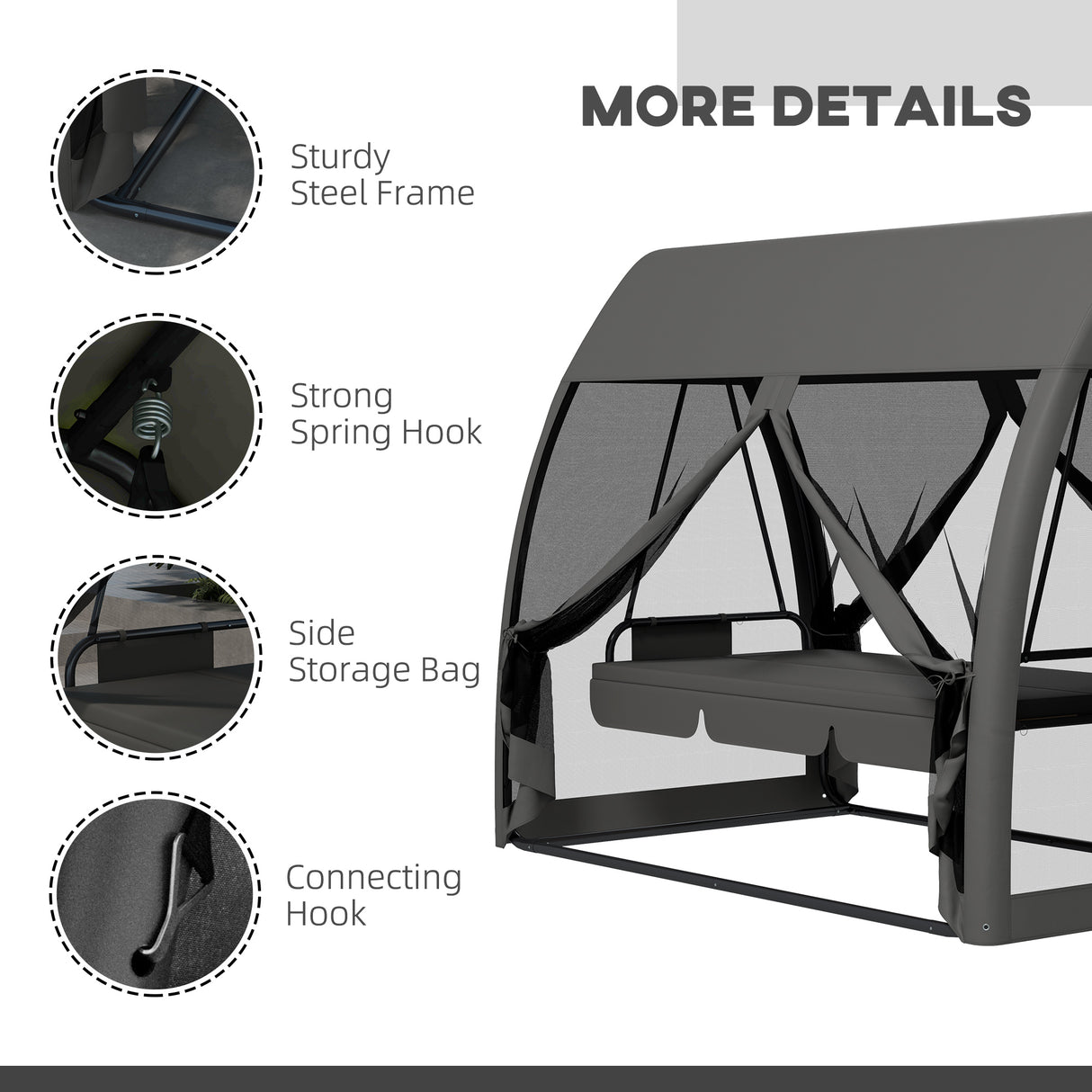 Steel 3 Seater Convertible Swing Chair Bed With Fabric Curtained Canopy - Velmora