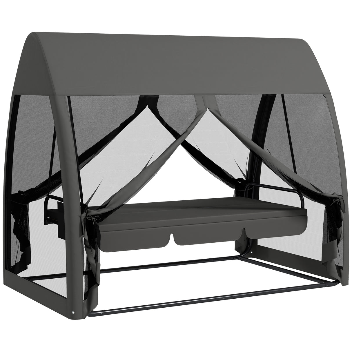 Steel 3 Seater Convertible Swing Chair Bed With Fabric Curtained Canopy - Velmora