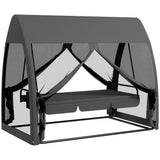Steel 3 Seater Convertible Swing Chair Bed With Fabric Curtained Canopy - Velmora