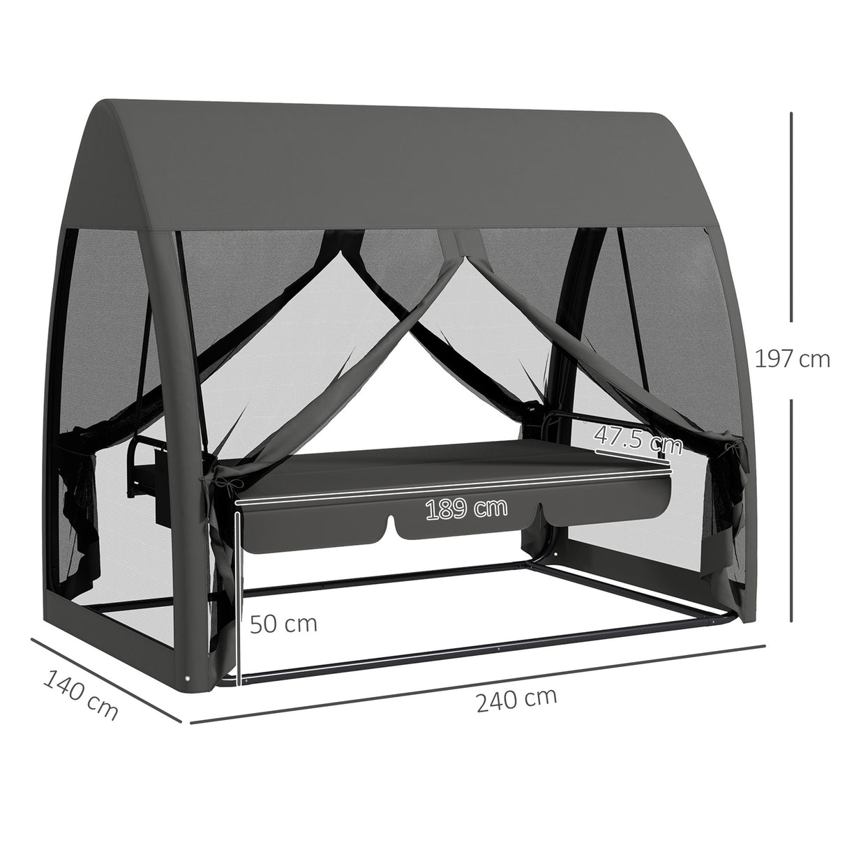 Steel 3 Seater Convertible Swing Chair Bed With Fabric Curtained Canopy - Velmora