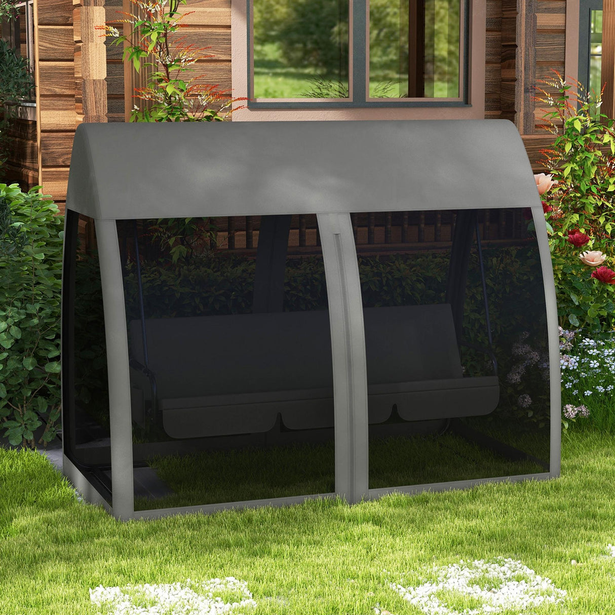Steel 3 Seater Convertible Swing Chair Bed With Fabric Curtained Canopy - Velmora