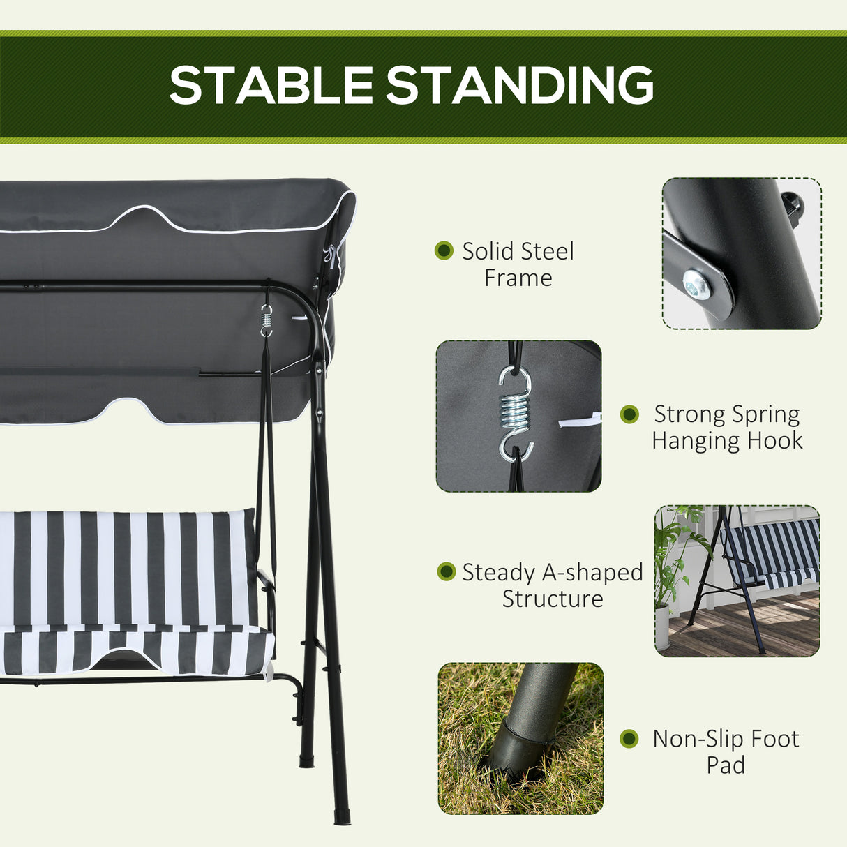 Steel 3 Seater Garden Swing Chair With Adjustable Canopy - Velmora
