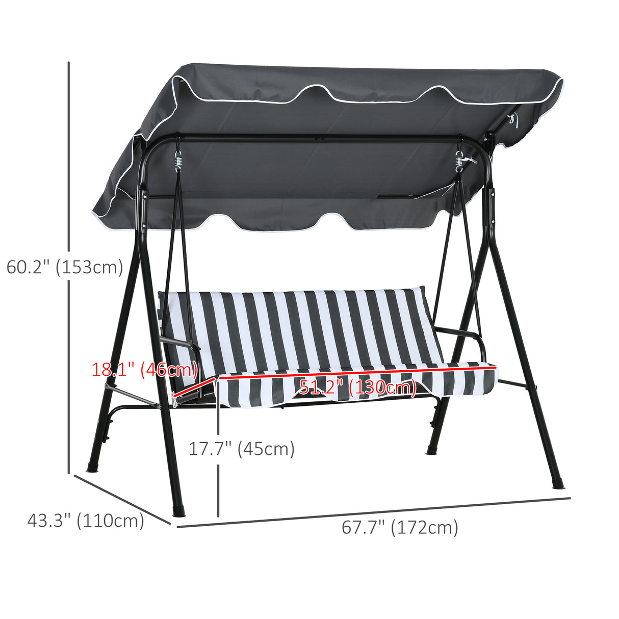 Steel 3 Seater Garden Swing Chair With Adjustable Canopy - Velmora