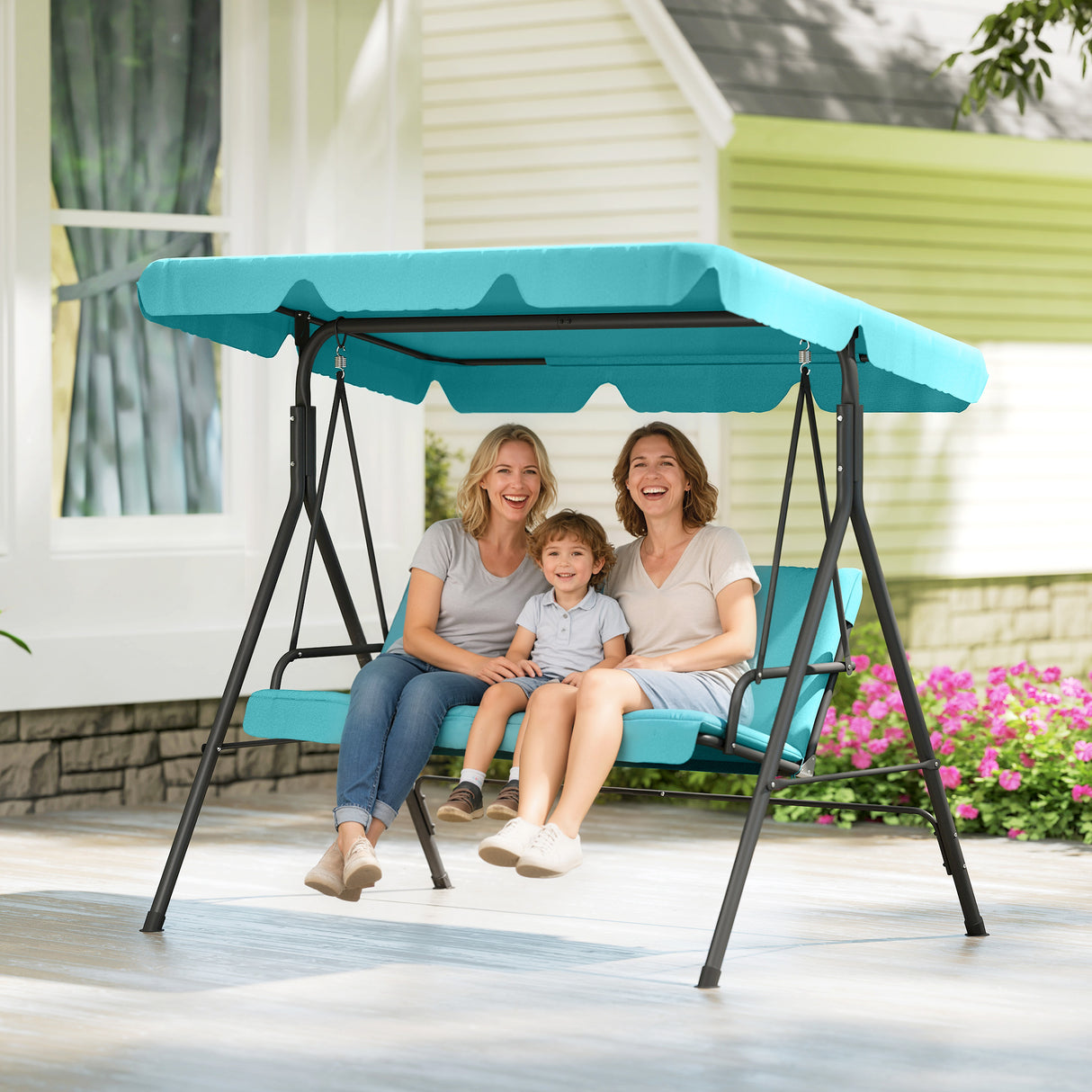 Steel 3 Seater Garden Swing Chair With Adjustable Canopy - Velmora