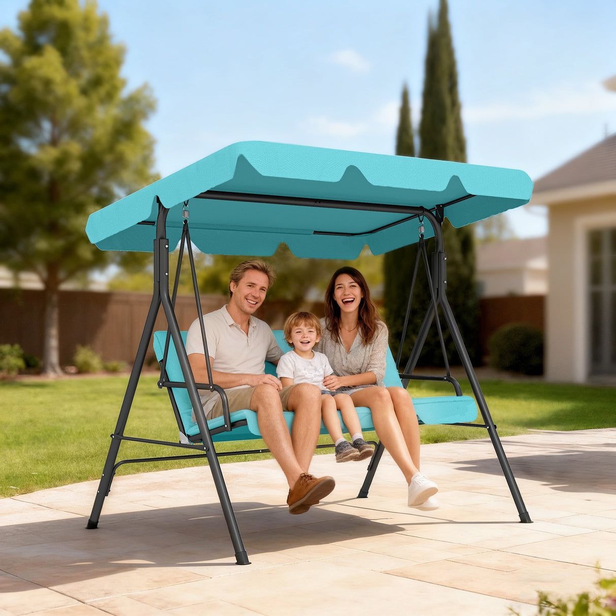 Steel 3 Seater Garden Swing Chair With Adjustable Canopy - Velmora