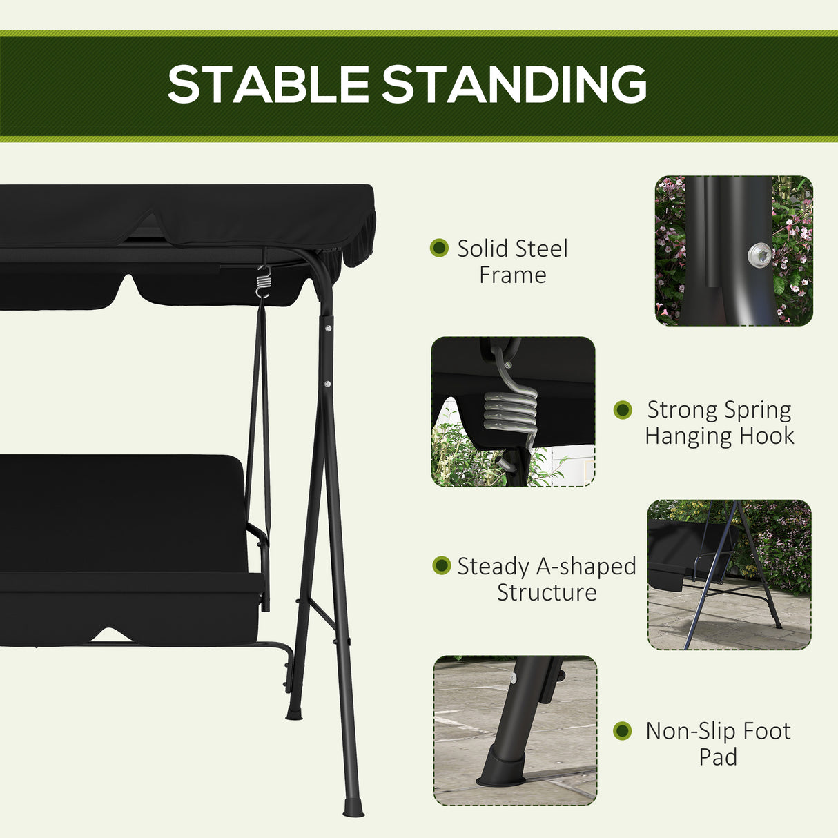 Steel 3 Seater Garden Swing Chair With Adjustable Canopy - Velmora