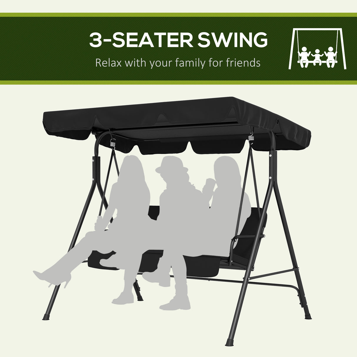 Steel 3 Seater Garden Swing Chair With Adjustable Canopy - Velmora