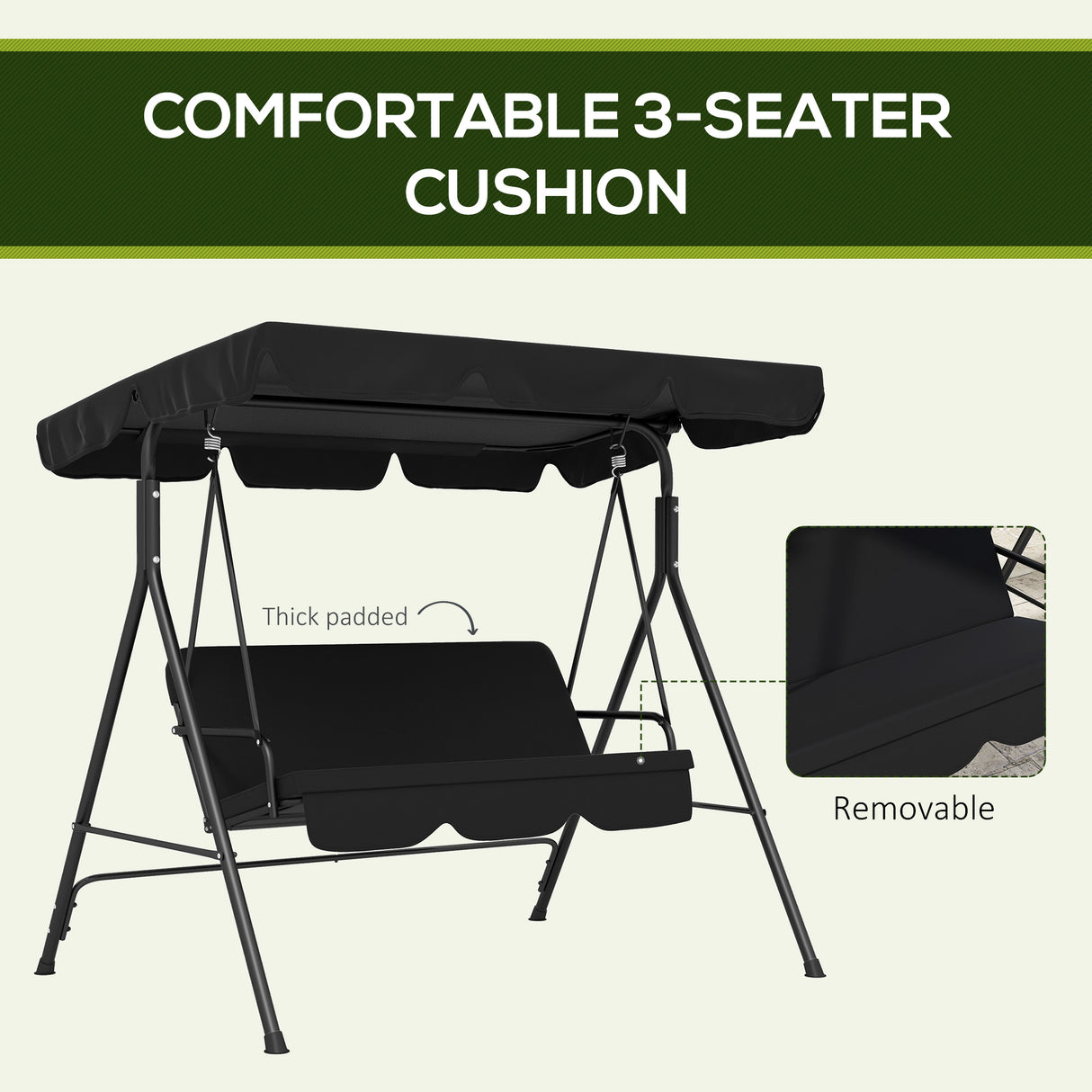 Steel 3 Seater Garden Swing Chair With Adjustable Canopy - Velmora