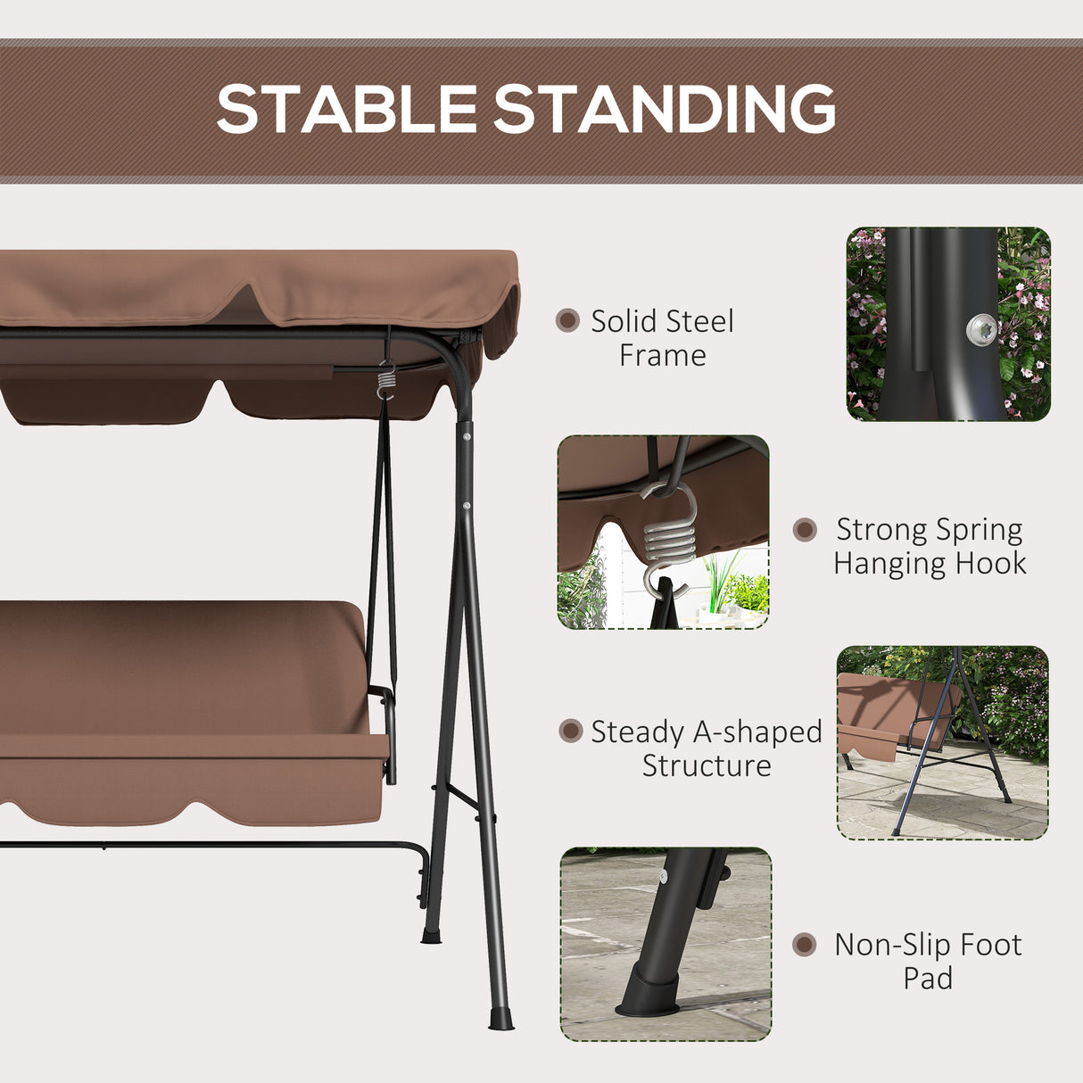 Steel 3 Seater Garden Swing Chair With Adjustable Canopy - Velmora