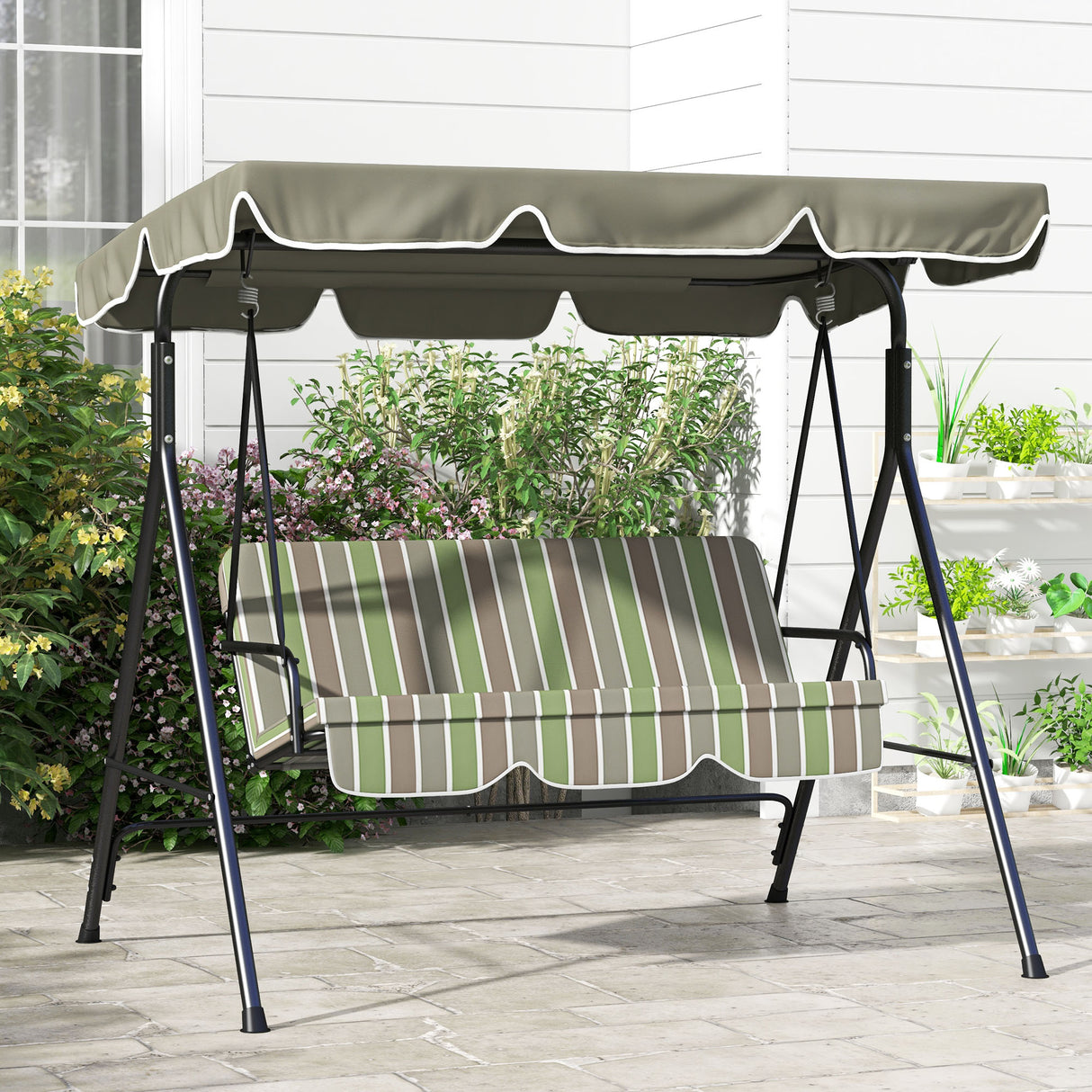 Steel 3 Seater Garden Swing Chair With Adjustable Canopy - Velmora