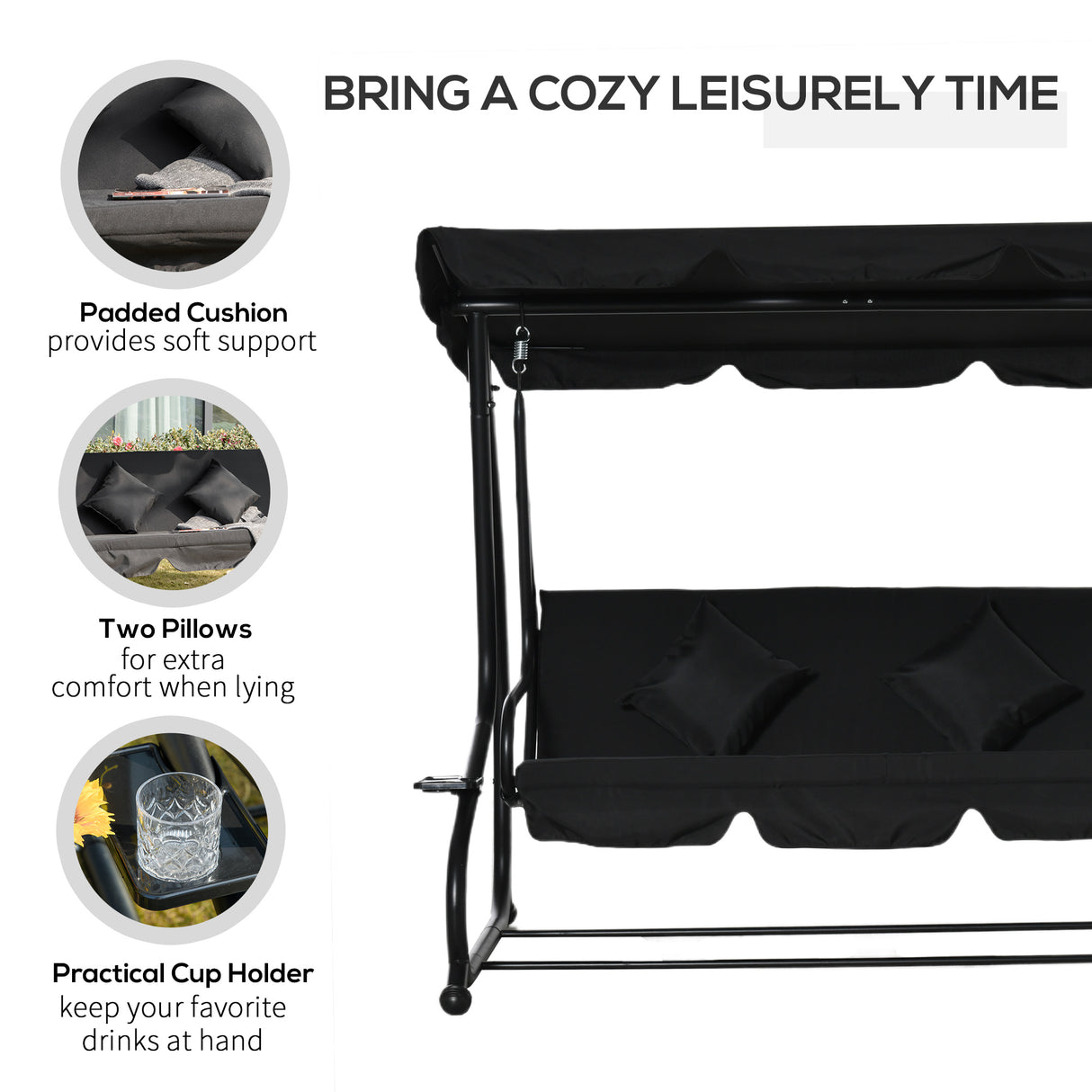 Steel 3 Seater Garden Swing Chair Bed With Adjustable Canopy - Velmora